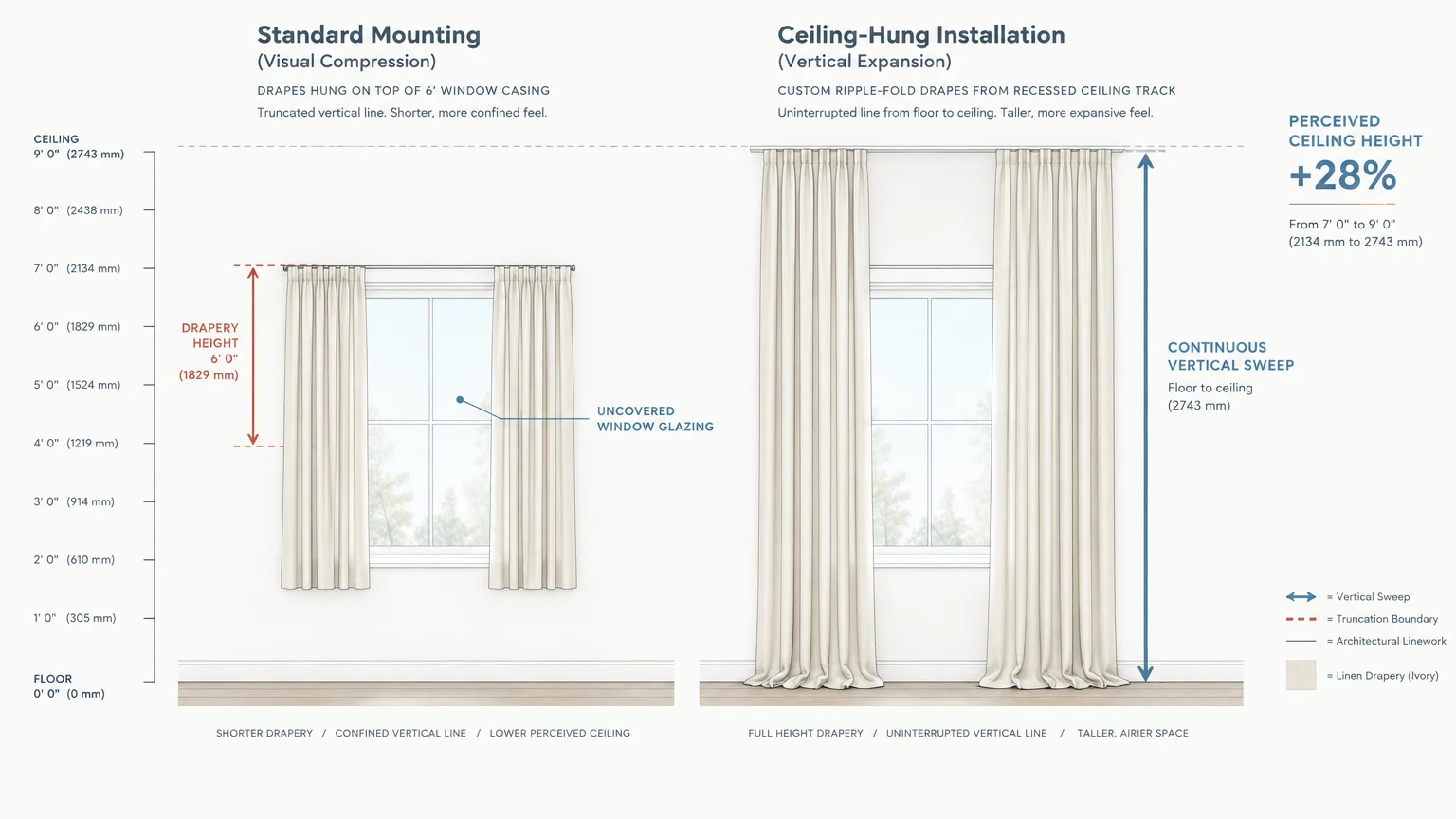Diagram comparing standard window mounting drapery with ceiling-hung installation to show increased perceived ceiling height.