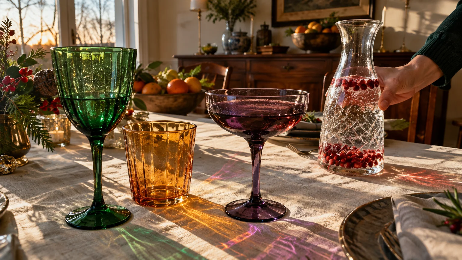 Green wine goblet, amber tumbler, purple coupe, and berry-filled carafe casting colorful reflections on a holiday table.