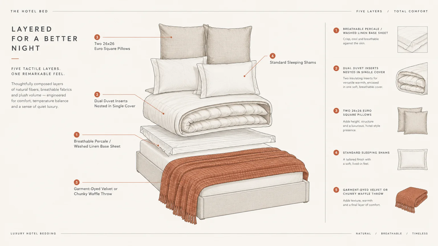 Diagram showing an exploded view of five bedding layers, including sheets, nested duvets, pillows, and a throw blanket.