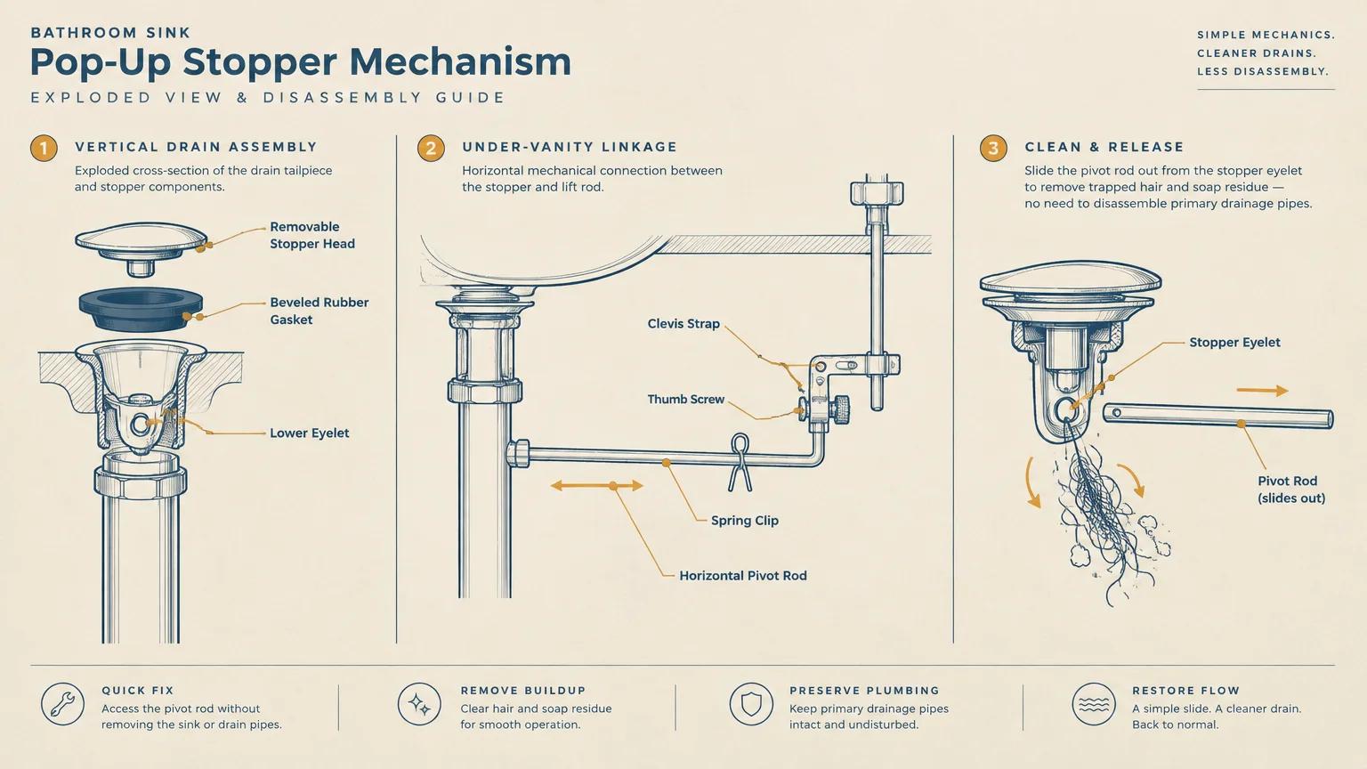 Diagram illustrating three disassembly steps for a bathroom sink pop-up stopper mechanism and pivot rod.