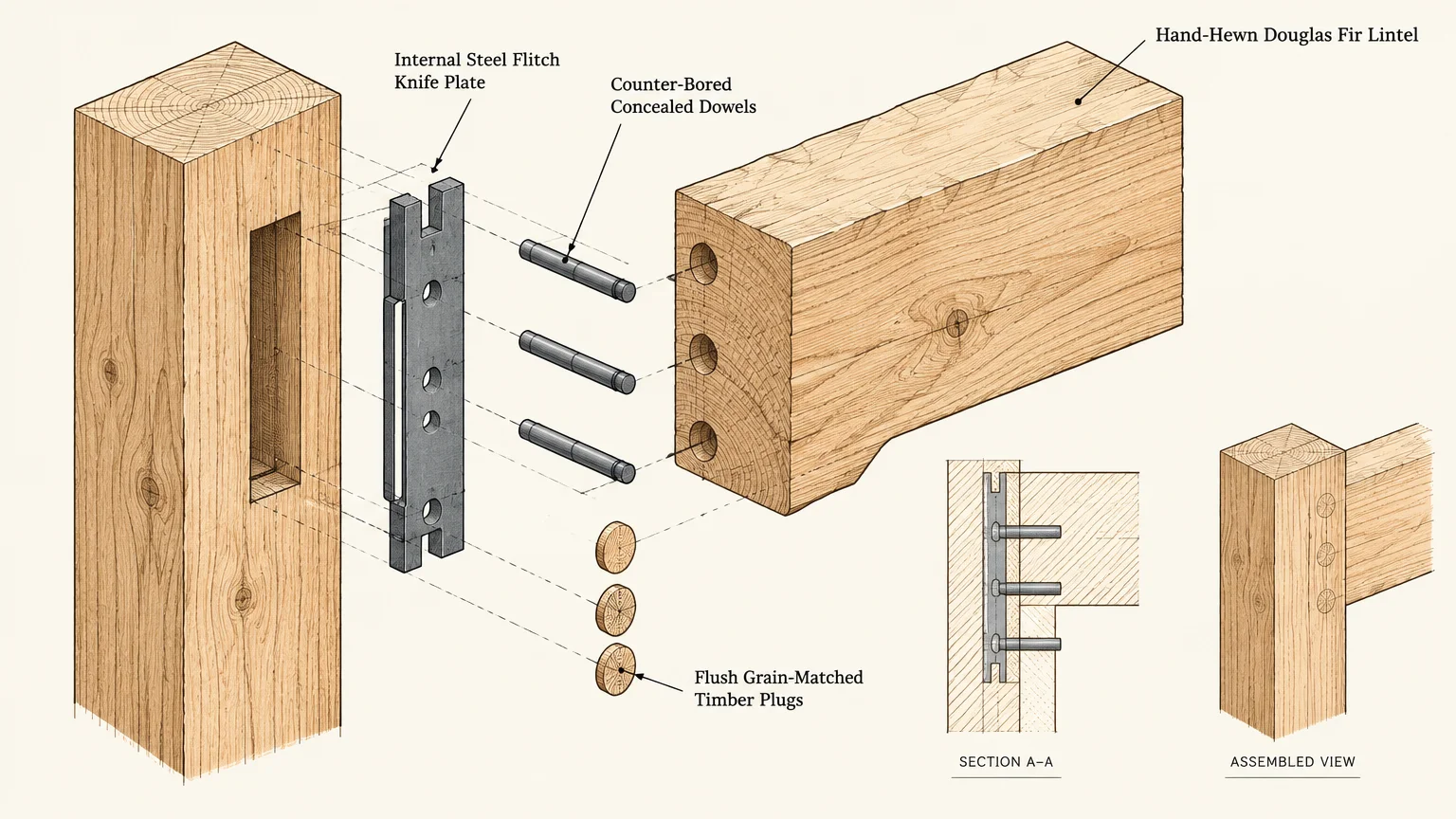 Architectural diagram showing an exploded and assembled view of timber beam joinery with an internal steel flitch plate.