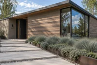 Modern single-story house with horizontal wood siding, large corner window, and stone paver walkway.