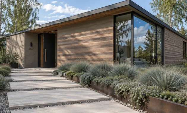 Modern single-story house with horizontal wood siding, large corner window, and stone paver walkway.