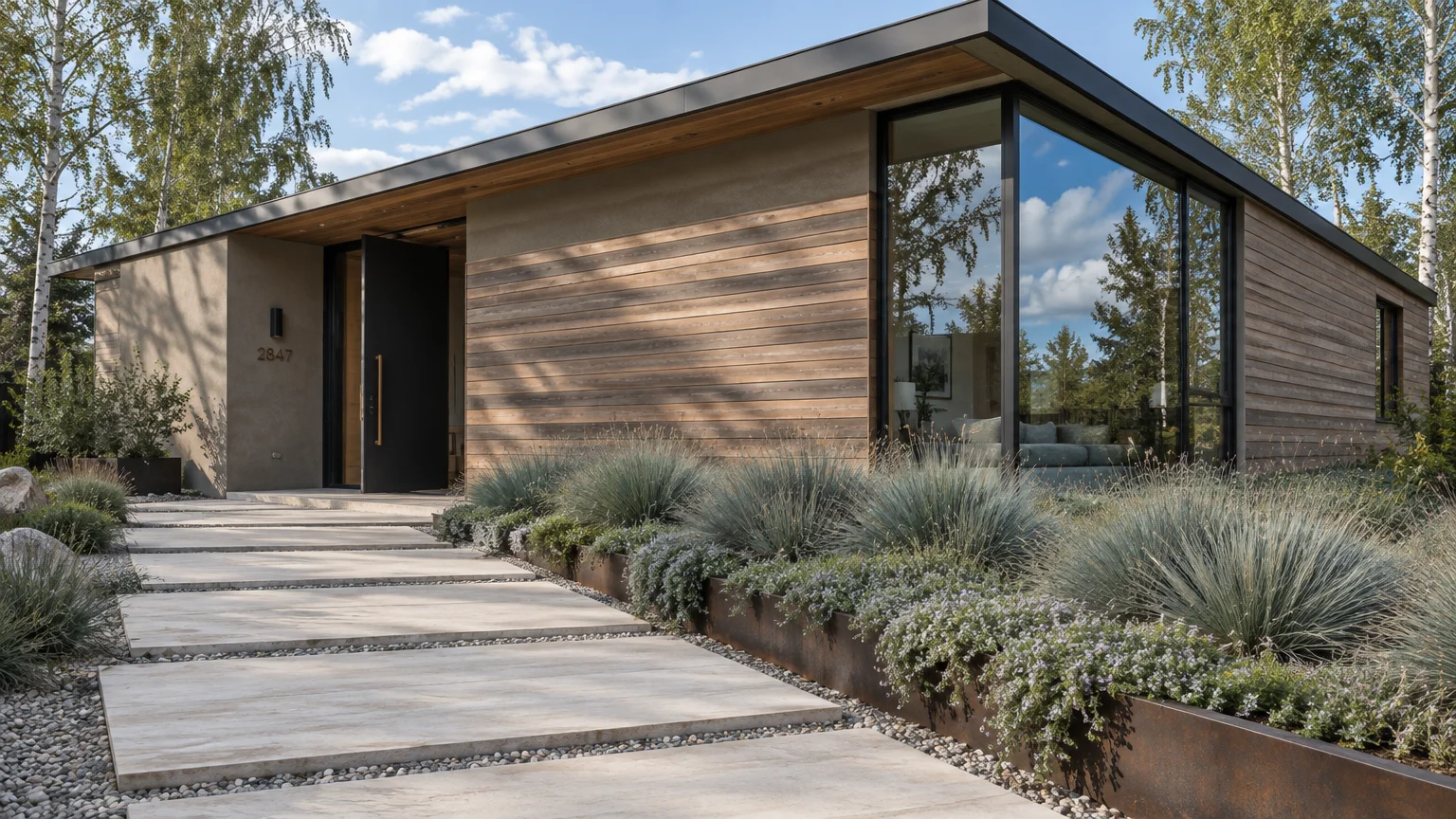 Modern single-story house with horizontal wood siding, large corner window, and stone paver walkway.