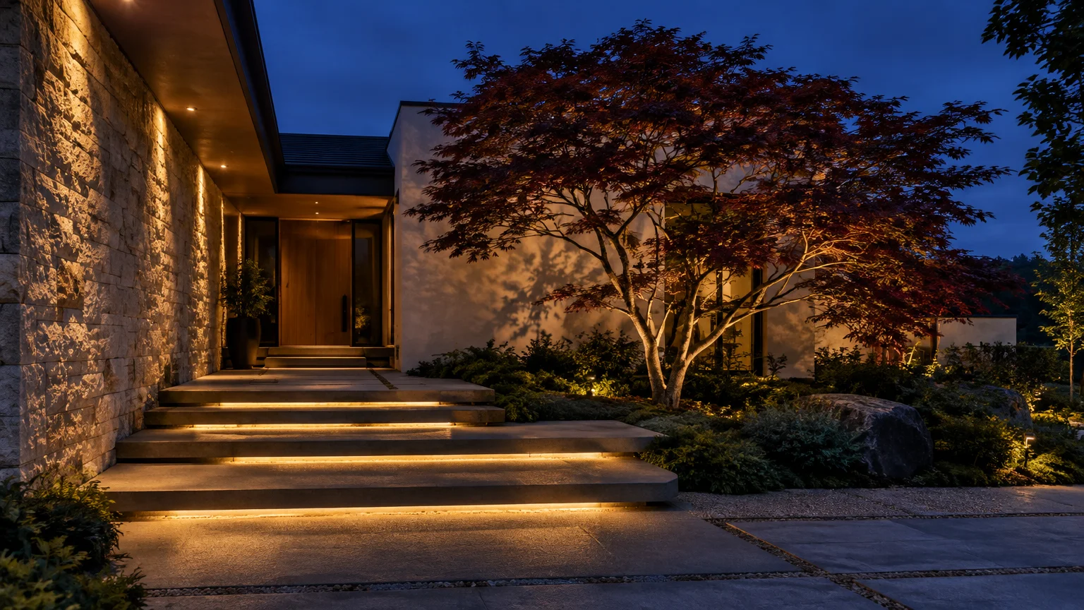 Modern home entryway at dusk with illuminated stone steps, soffit lighting, and an uplit Japanese maple tree.