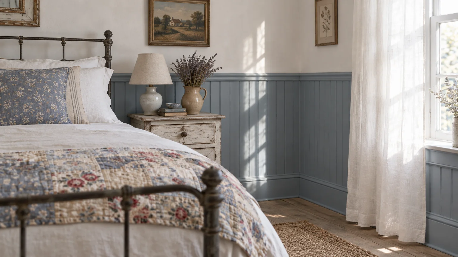 Farmhouse bedroom featuring a wrought-iron bed, beaded-board wainscoting painted dusty blue, and a rustic nightstand.