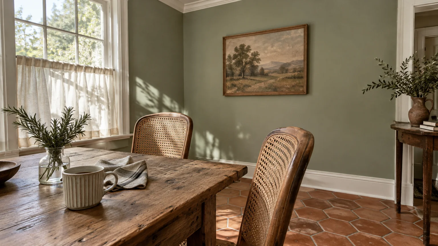 Dining room with sage green walls, terracotta tile floors, a rustic wood table, and cane-back chairs.