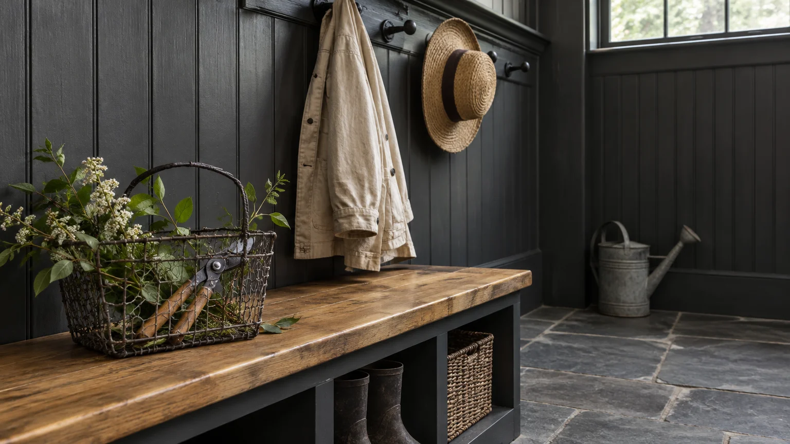 Dark charcoal vertical paneling in a mudroom behind a wooden bench holding a basket of cut greenery and clippers.