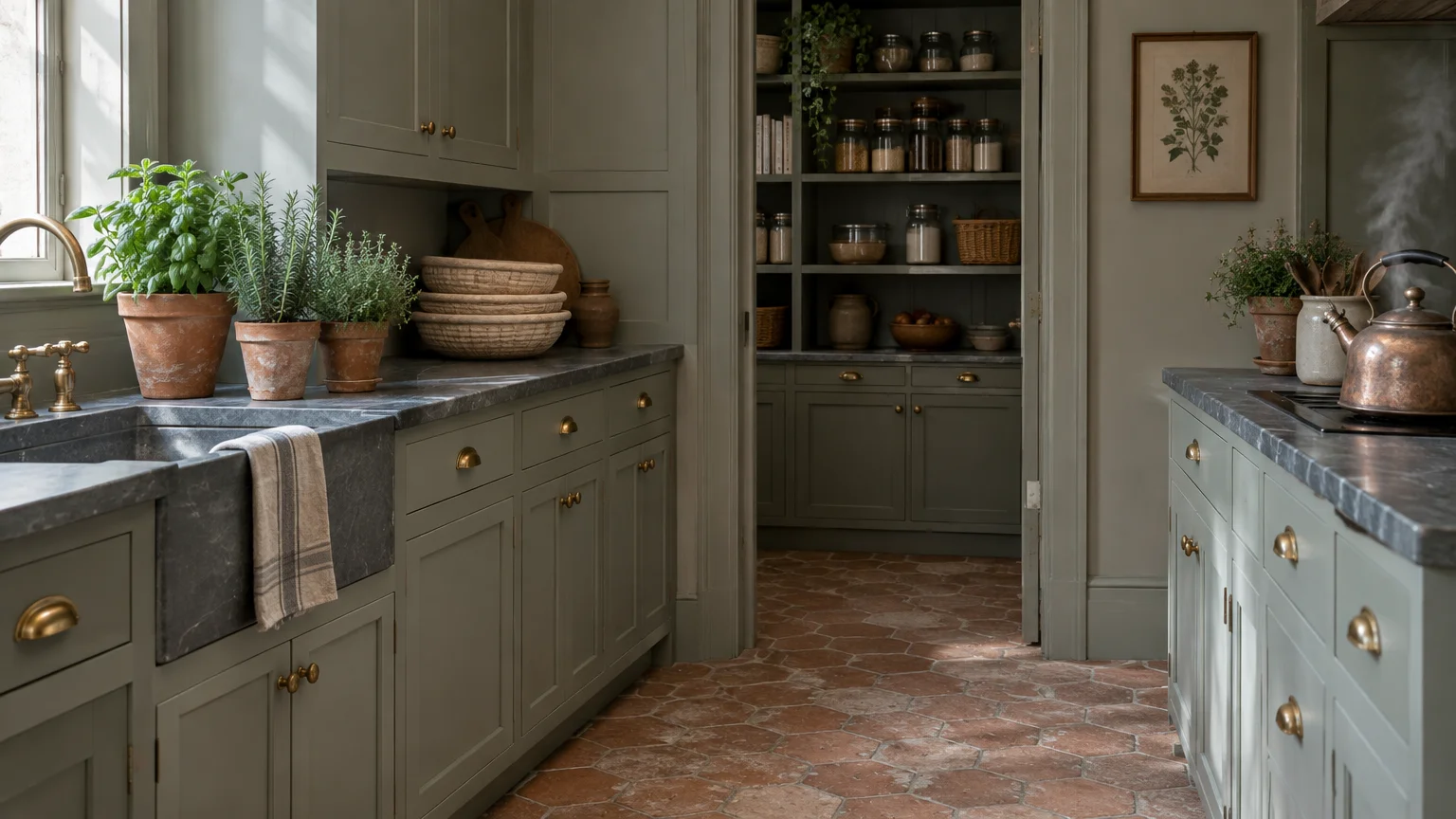 Sage green kitchen cabinets with soapstone countertops, terracotta tile floors, potted herbs, and a walk-in pantry.