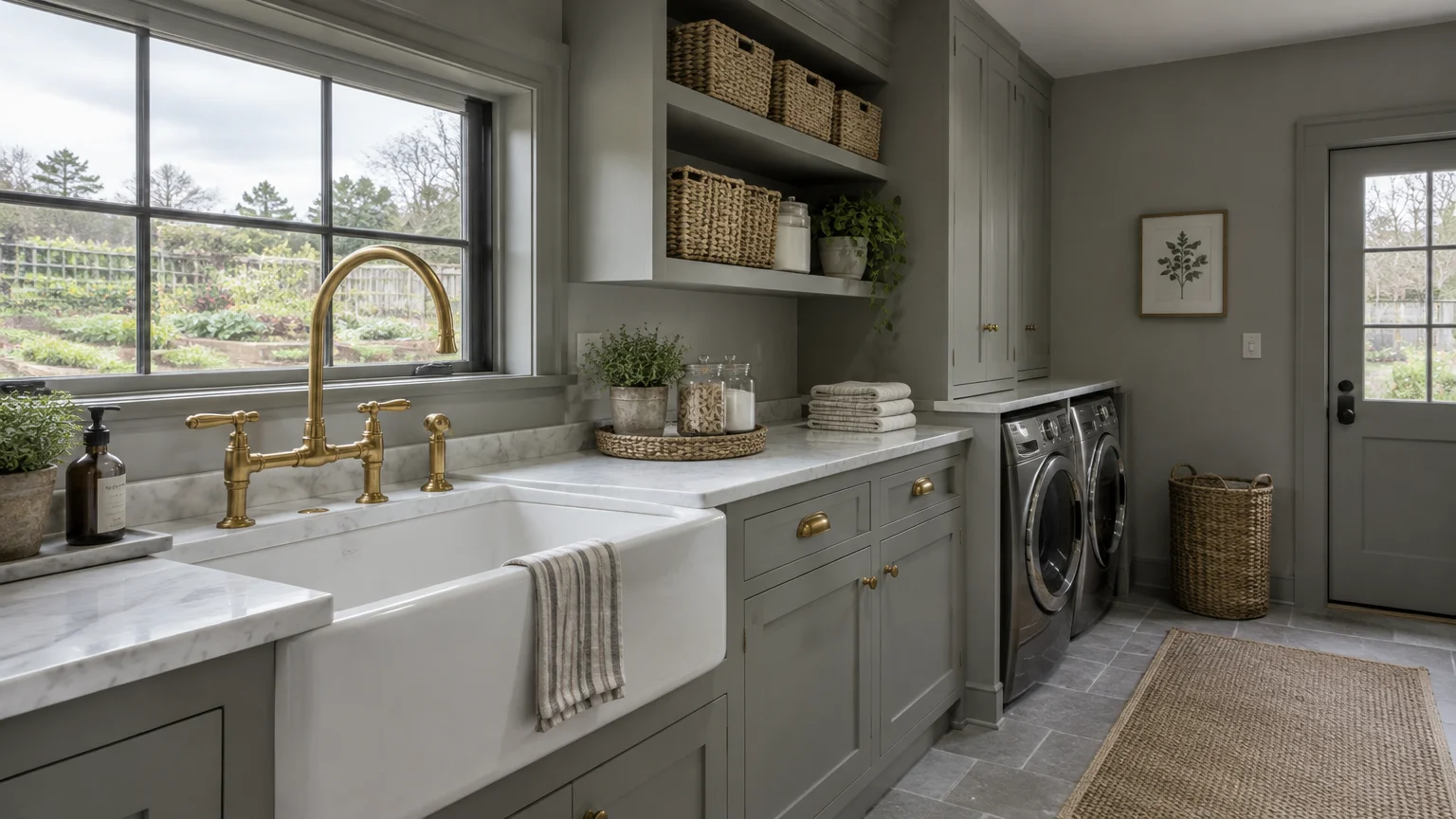 Farmhouse laundry room with gray shaker cabinets, white marble countertops, a farmhouse sink, and a brass faucet.