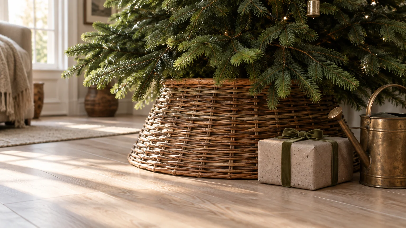 Christmas tree base enclosed in a woven brown wicker collar on light wood floors, beside a gift and brass watering can.