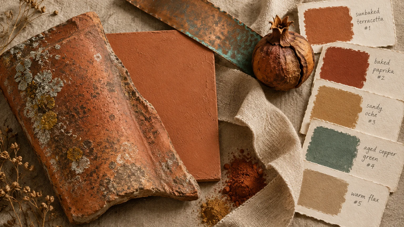 Terracotta tile, sample board, aged copper, dried pomegranate, and paint color swatches arranged on linen fabric.