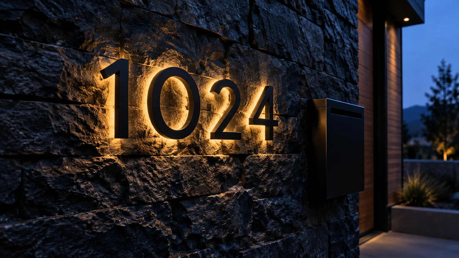 Black floating house numbers 1024 with warm backlighting mounted on a dark stone wall beside a modern mailbox at dusk.