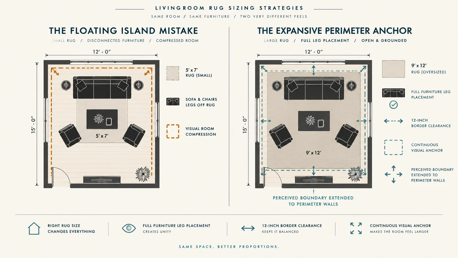 Floor plan diagram comparing a small floating rug causing room compression to an expansive oversized rug layout.