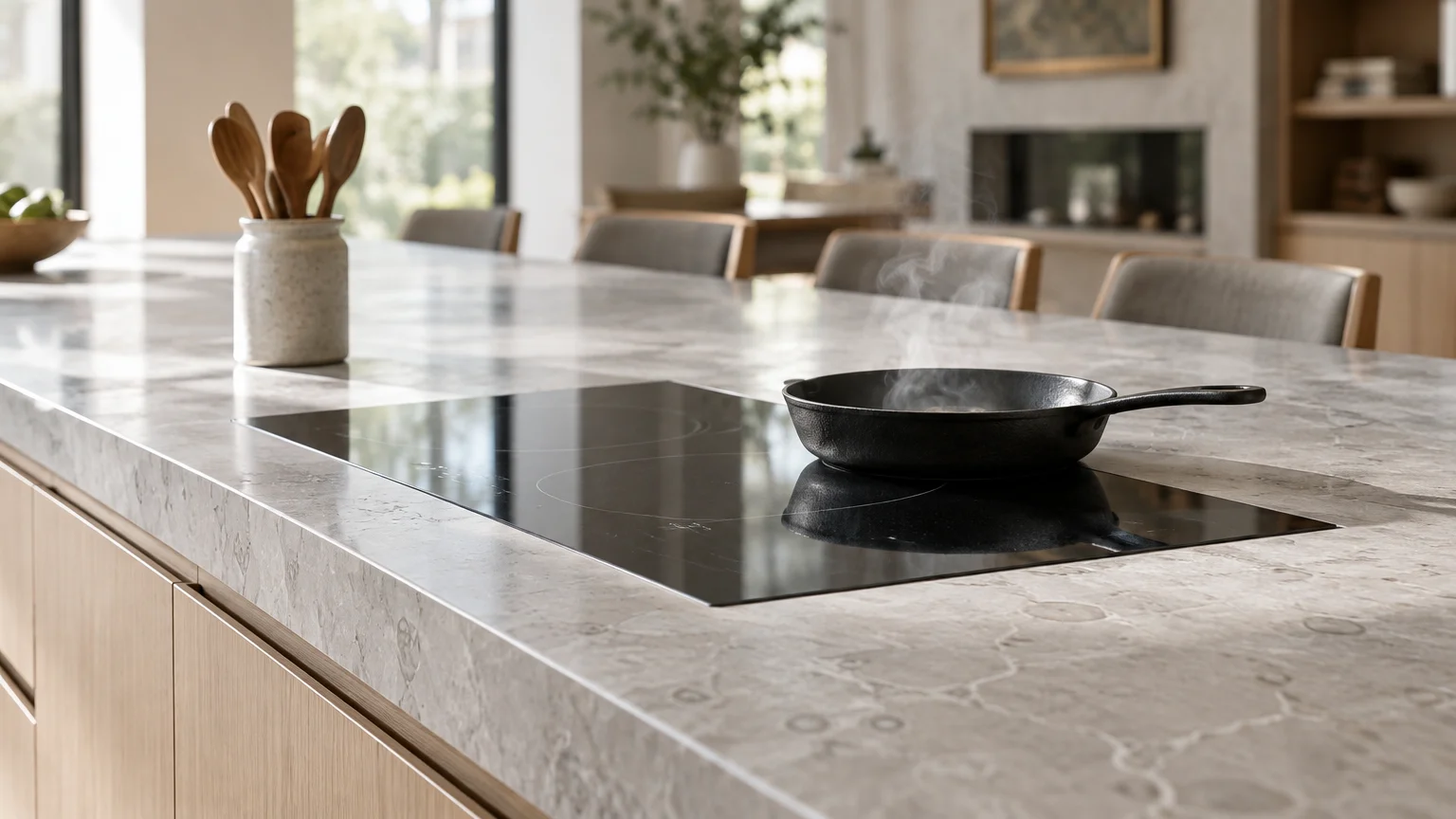 Black induction cooktop with a steaming cast-iron skillet built into a marble kitchen island countertop.