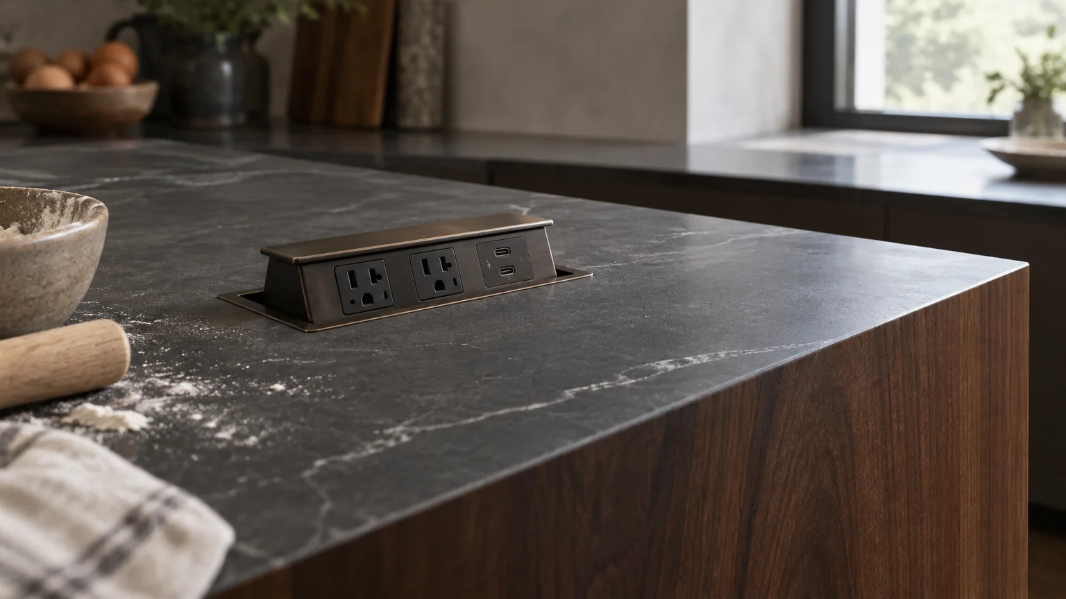 A pop-up electrical outlet with power and USB ports integrated into a dark marble kitchen island countertop.