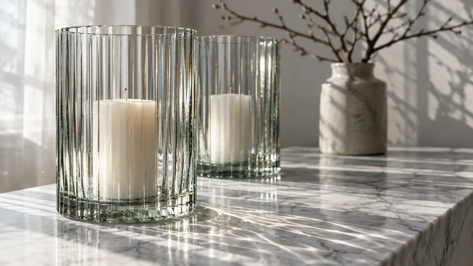 Fluted glass hurricane vessels with white pillar candles sit on a marble surface beside a vase of bare branches.