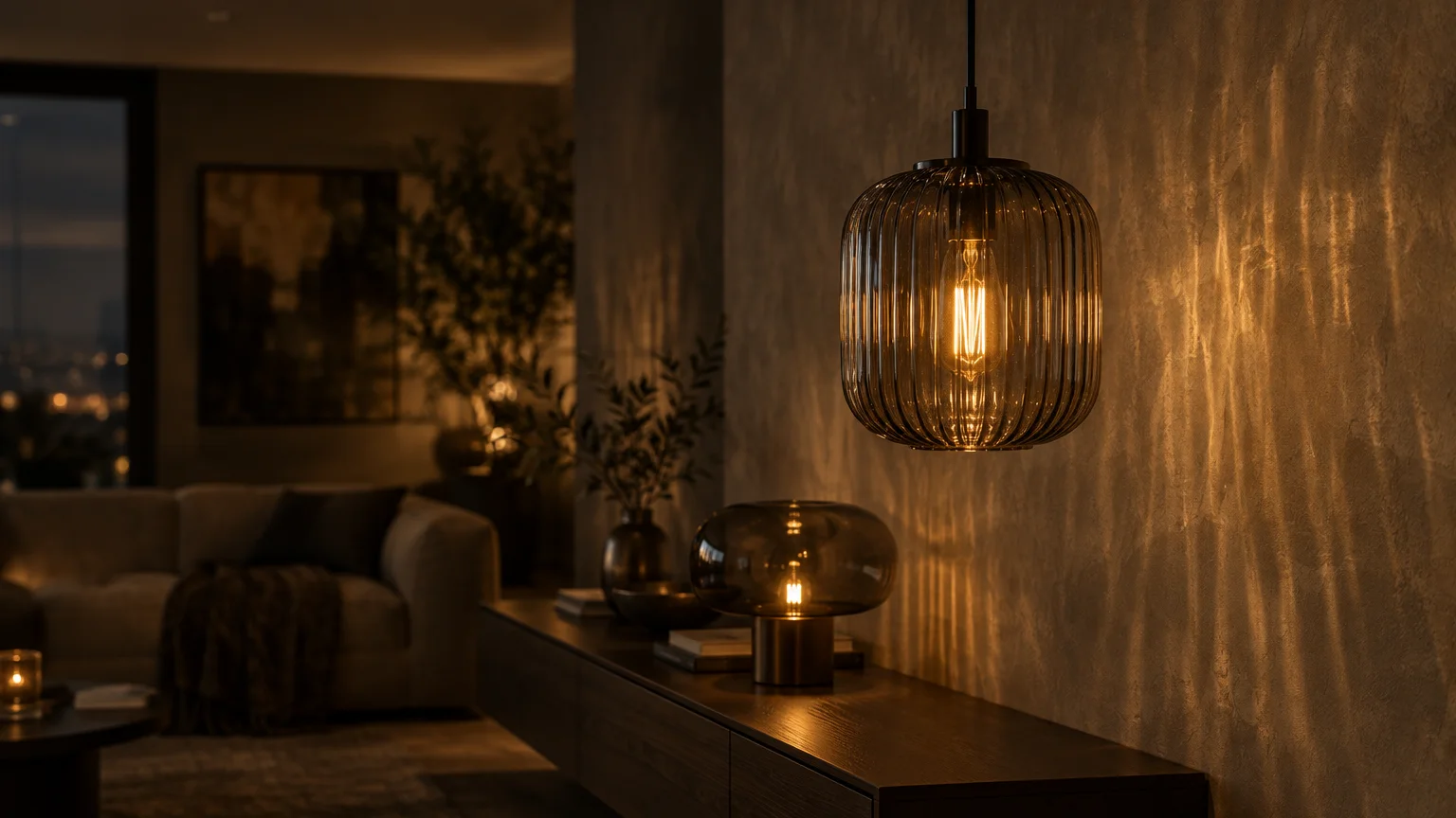 Fluted smoked glass pendant light glowing warmly in a dim living room, casting patterned light against a textured wall.