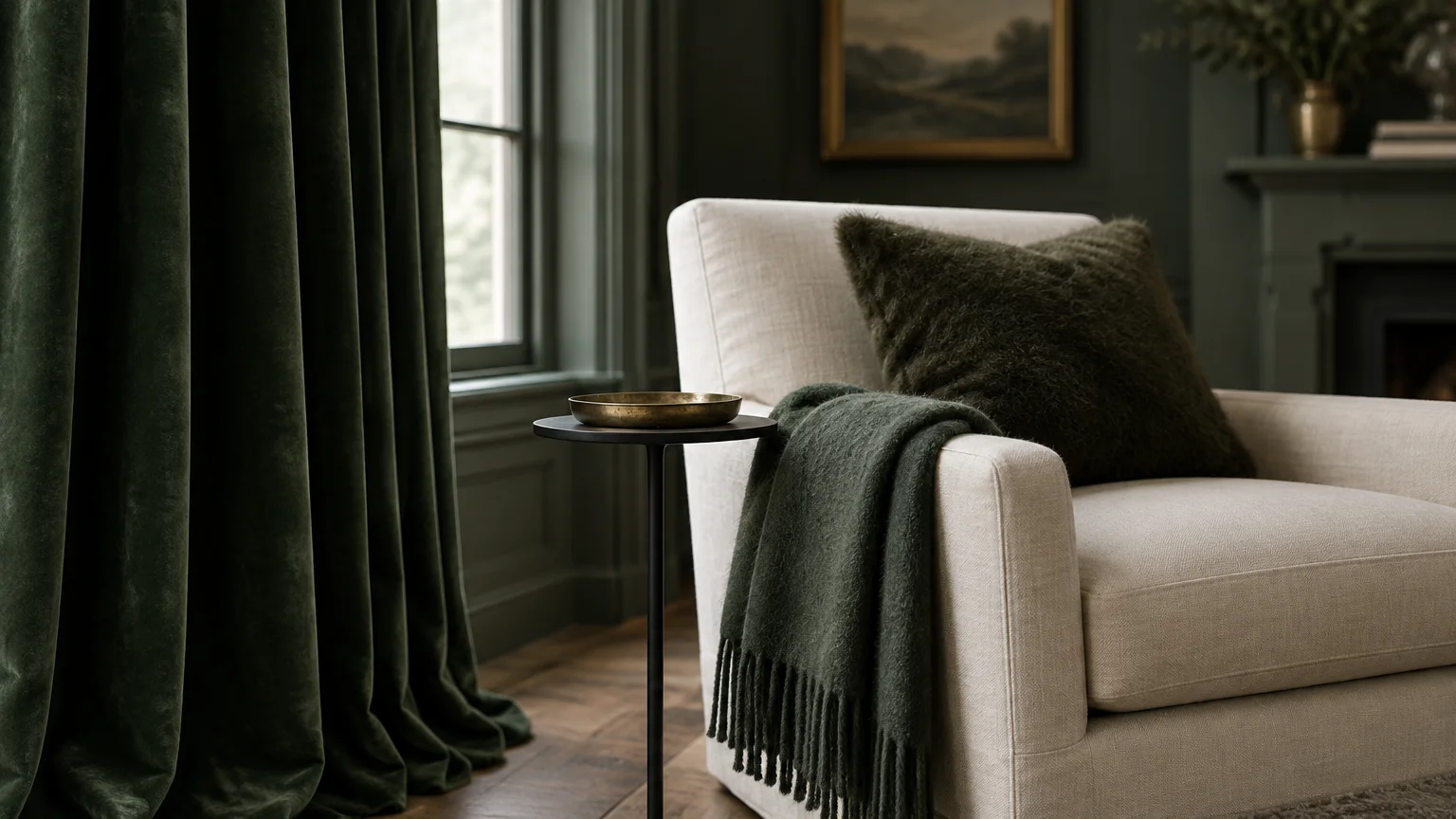Off-white armchair with a dark green throw blanket and pillow beside floor-length green velvet curtains and a small side table.