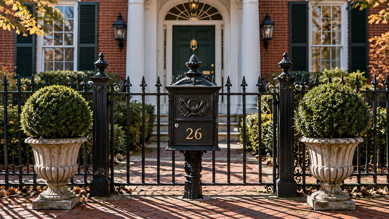 Black cast-iron mailbox number 26 on an iron fence gate, flanked by two potted topiaries in front of a brick home.