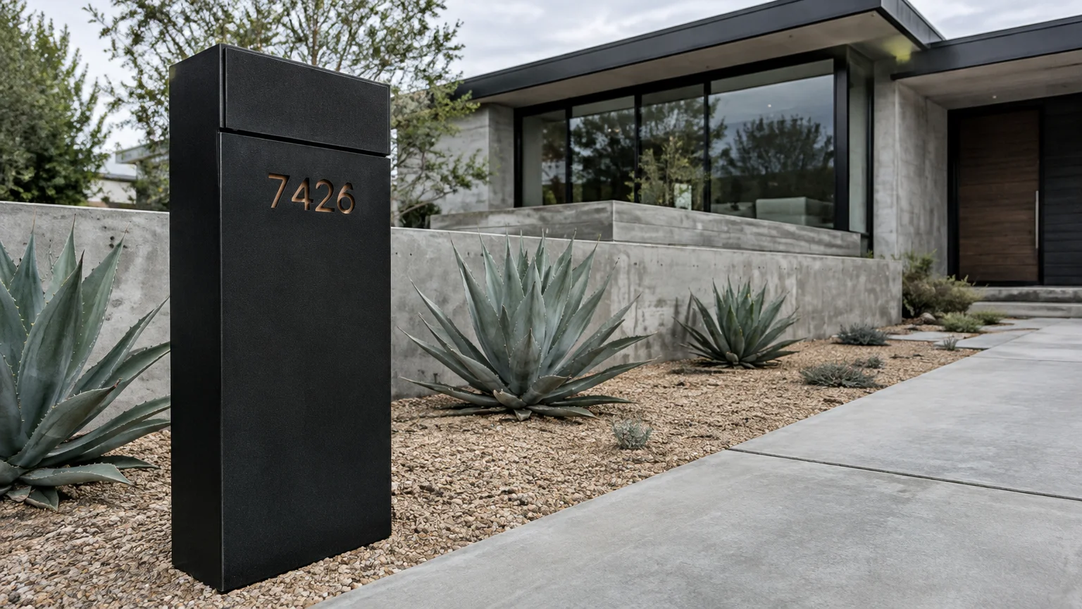 A tall, matte black rectangular mailbox with cut-out numbers standing beside agaves outside a modern concrete house.