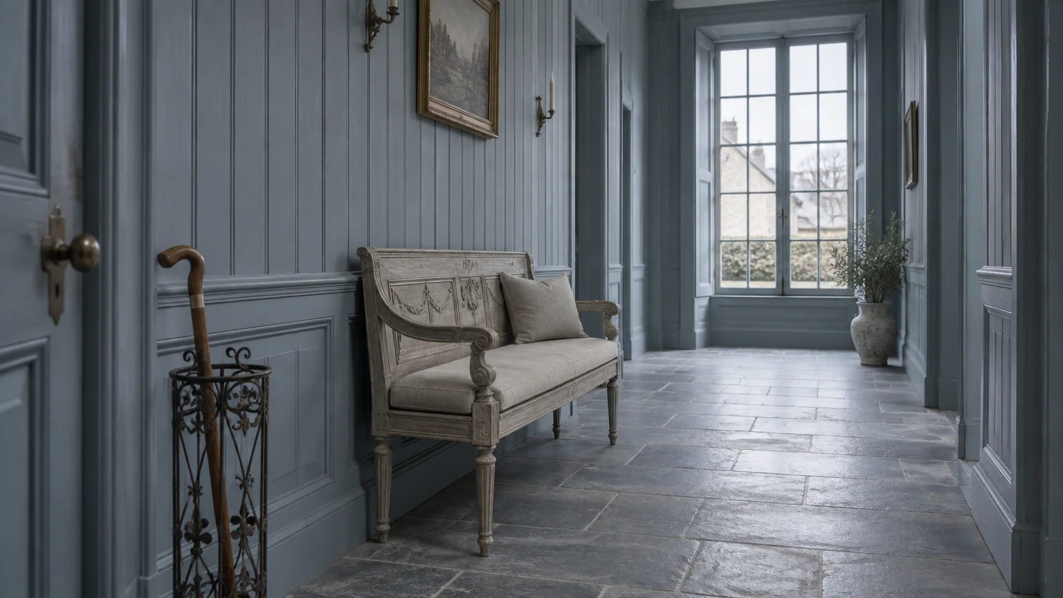 Long entryway with slate tile floors, muted blue paneled walls, a carved wooden bench, and a tall arched window.