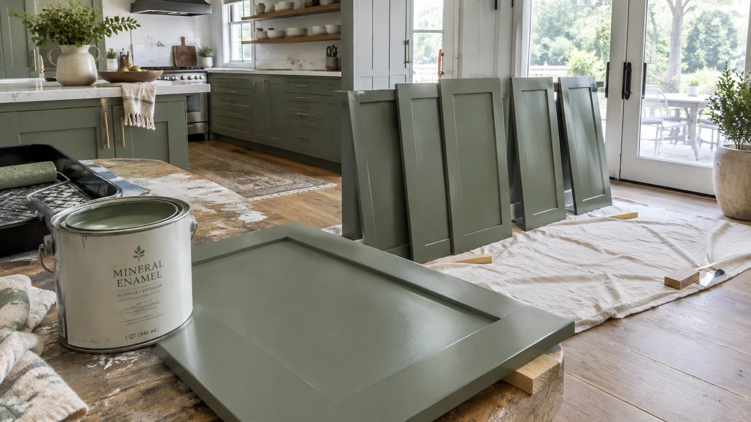 Green mineral enamel paint can next to freshly painted shaker cabinet doors drying on drop cloths in a kitchen.