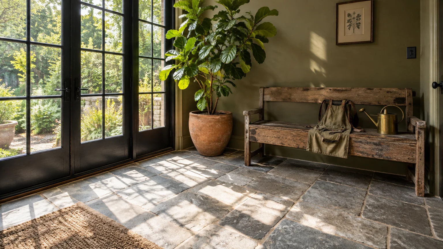 Sunlit room with gray stone tile flooring, olive green walls, a large potted plant, and a rustic wooden bench.