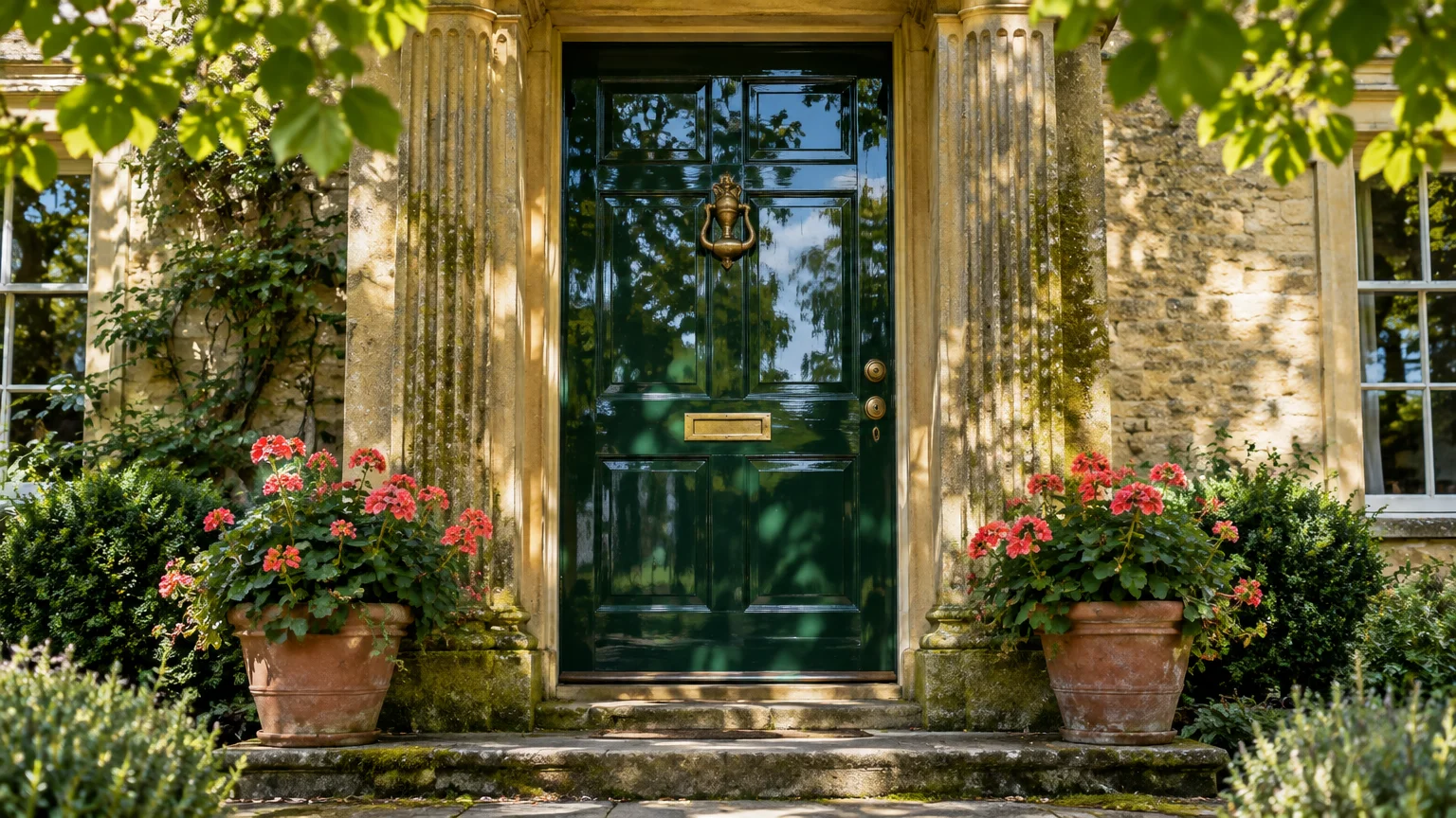 Dark green glossy front door with brass hardware framed by stone pillars and potted red flowers.