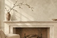 Illustration of a minimalist stone fireplace mantel holding an earthenware vase with bare branches and a small bowl.