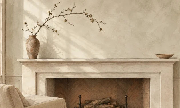 Illustration of a minimalist stone fireplace mantel holding an earthenware vase with bare branches and a small bowl.
