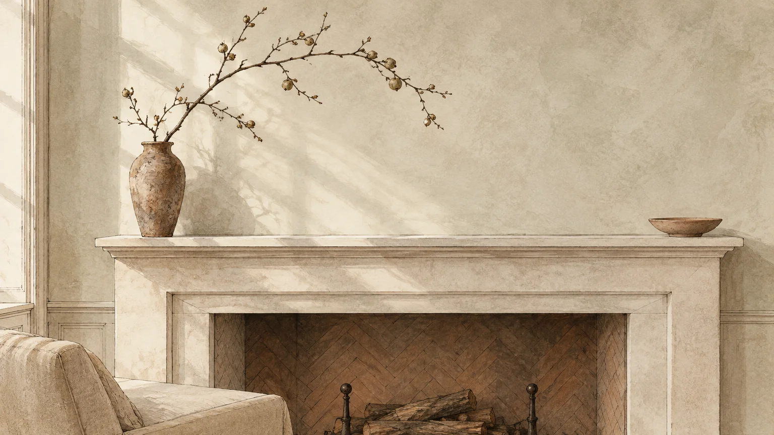 Illustration of a minimalist stone fireplace mantel holding an earthenware vase with bare branches and a small bowl.