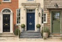 Illustration of three front doors: glossy black on red brick, deep blue on pale stone, and olive green on cedar shingles.