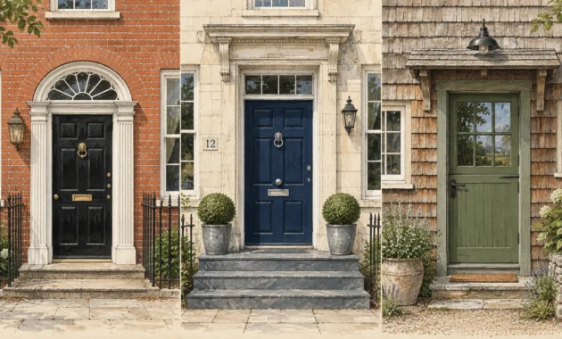 Illustration of three front doors: glossy black on red brick, deep blue on pale stone, and olive green on cedar shingles.