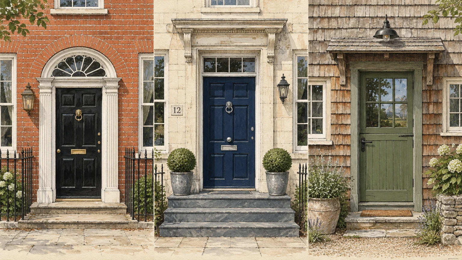 Illustration of three front doors: glossy black on red brick, deep blue on pale stone, and olive green on cedar shingles.