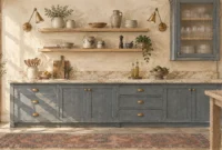 Illustration of a kitchen featuring slate blue cabinets, open wooden shelving, brass sconces, and a patterned vintage runner.