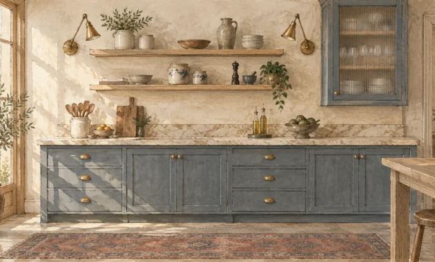 Illustration of a kitchen featuring slate blue cabinets, open wooden shelving, brass sconces, and a patterned vintage runner.
