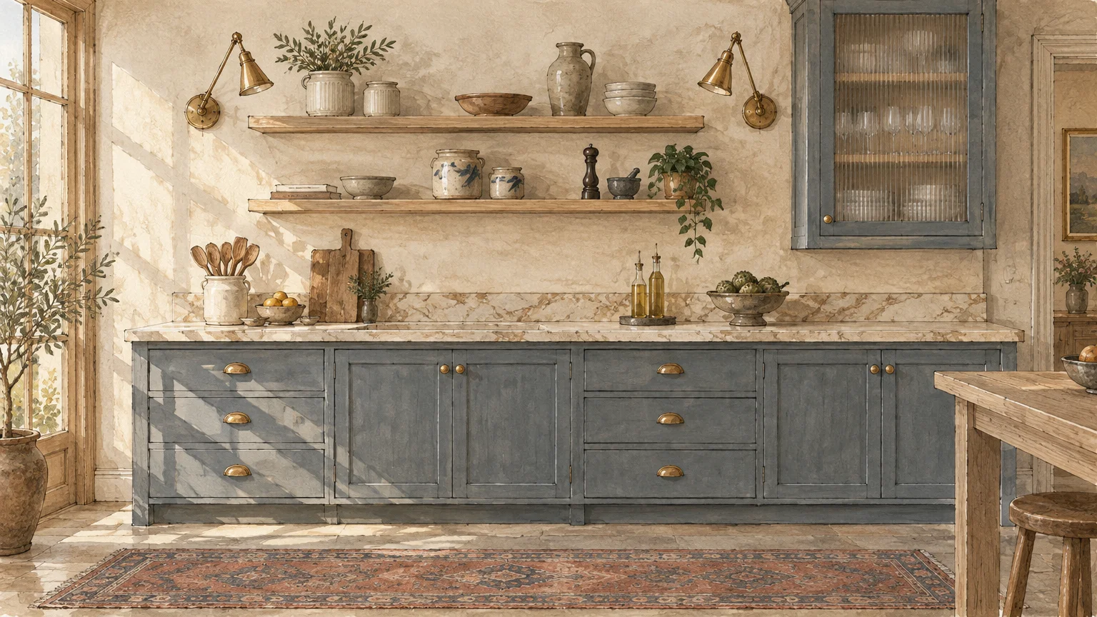 Illustration of a kitchen featuring slate blue cabinets, open wooden shelving, brass sconces, and a patterned vintage runner.