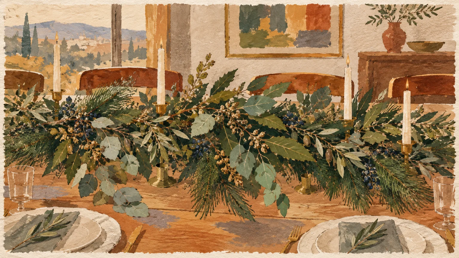 Watercolor illustration of a rustic dining table set with a leafy evergreen garland, white taper candles, and place settings.