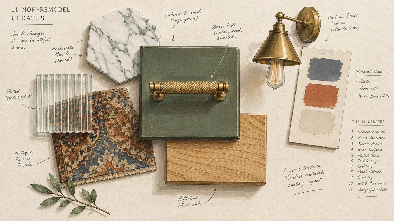 Mood board illustration of green cabinet enamel, brass hardware, marble, wood, fluted glass, paint swatches, and a sconce.