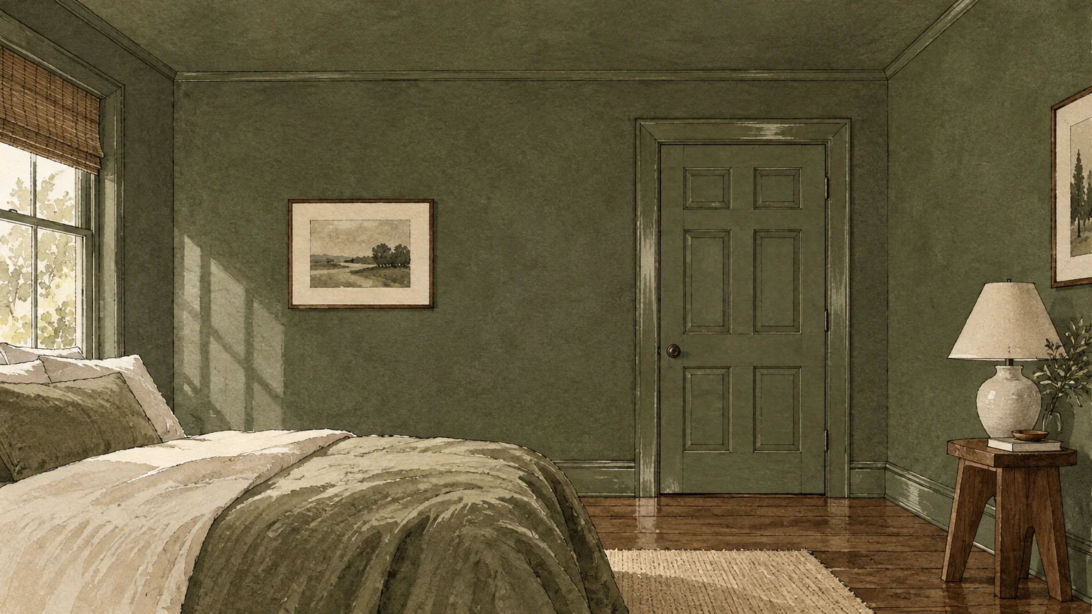Gouache and ink illustration of a bedroom with muted olive green walls, matching door and trim, wood floors, and a bed.