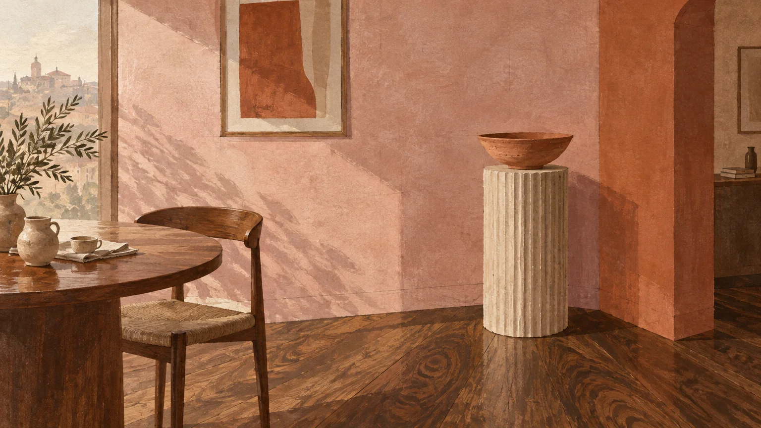 Illustration of a dining room with dusty rose and terracotta walls, a round wooden table, and dark walnut floors.