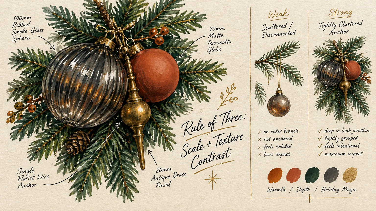 Gouache illustration diagramming Christmas tree ornament clustering in trios versus scattering single baubles.