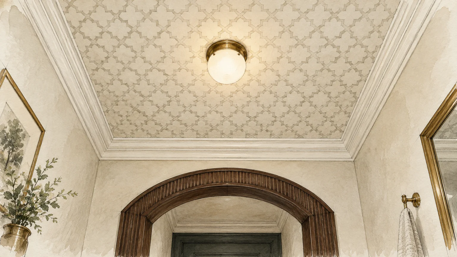 Gouache sketch looking up at a patterned wallpaper ceiling with crown molding and a flush-mount light fixture.
