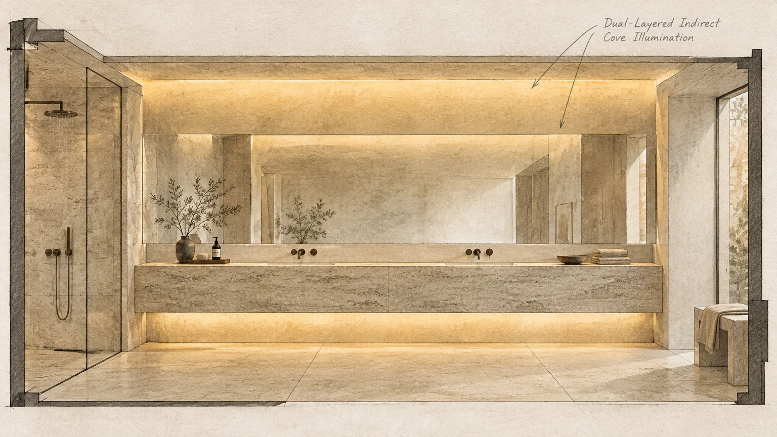 Architectural sketch of a stone bathroom vanity with a wide mirror, floating counter, and warm cove lighting.