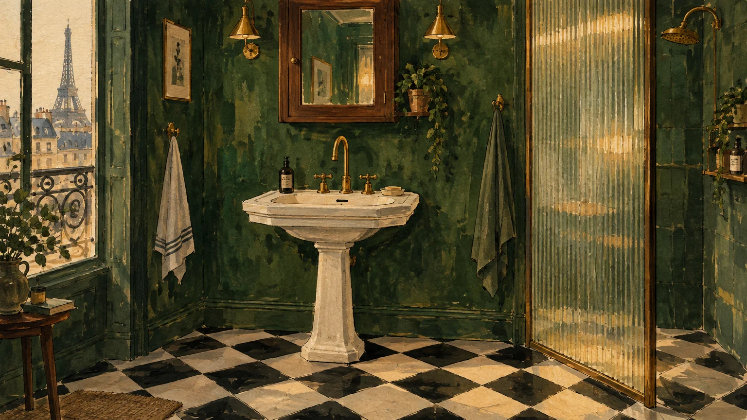 Illustration of a green bathroom with checkered tile floors, a pedestal sink, and a window view of the Eiffel Tower.
