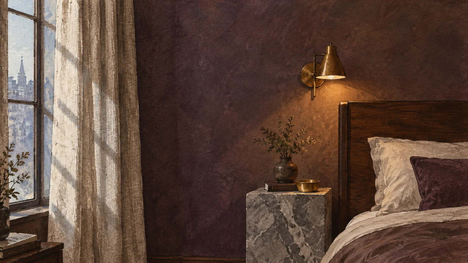 Illustration of a bedroom with deep plum walls, a brass wall sconce, marble nightstand, and window with sunlight.