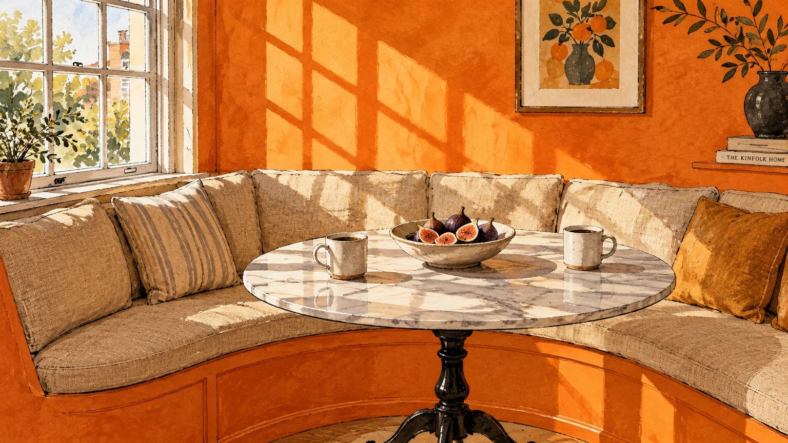 Sunlit breakfast nook with orange walls, curved banquette seating, a round marble table, and coffee mugs.