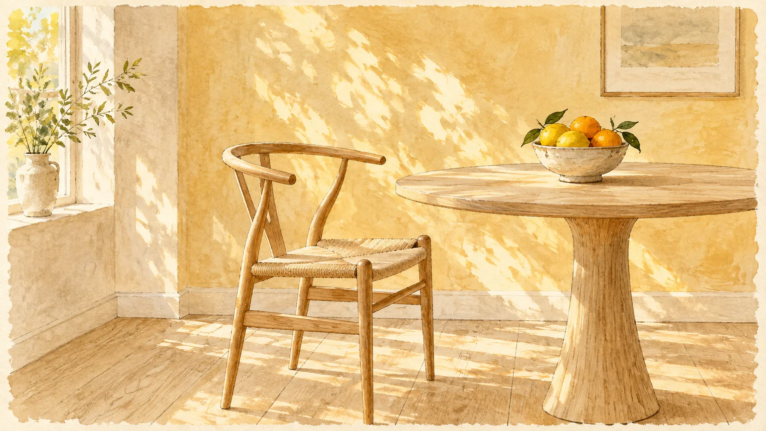 Watercolor illustration of a sunlit dining space with yellow walls, a light wood table, woven chair, and oak flooring.