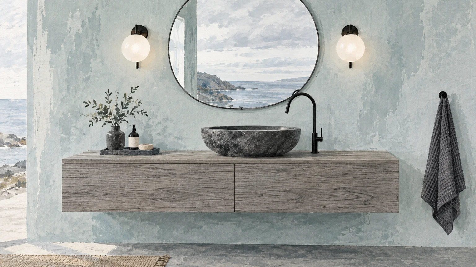 Gouache illustration of a bathroom with a floating driftwood vanity, round stone basin, round mirror, and pale blue wall.